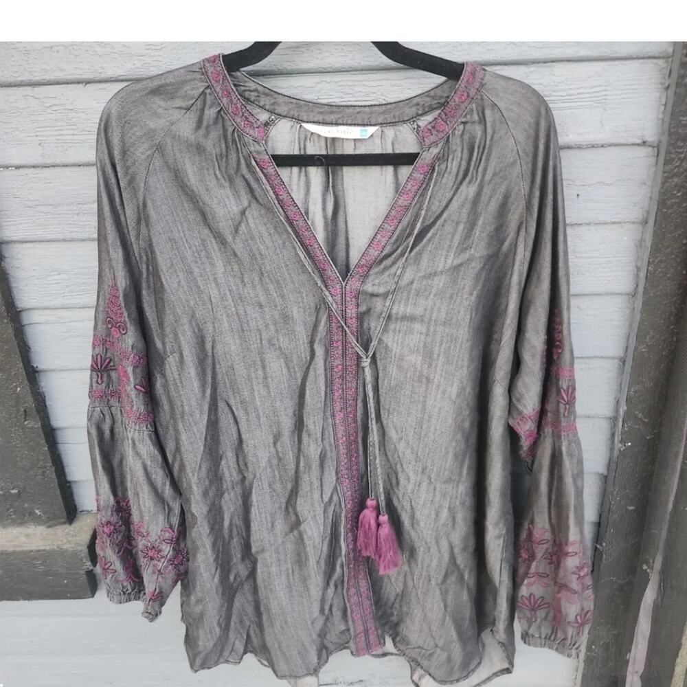 Boho Black Chambray Sz Large Long Sleeve Purple  Embroidered Blouse